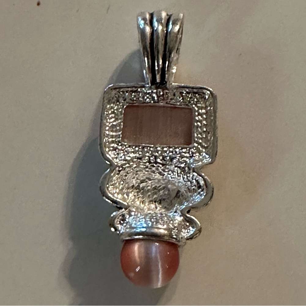 Silver And Gold Toned Rectangle And Bead Pink Stone Pendant - Picture 2 of 5